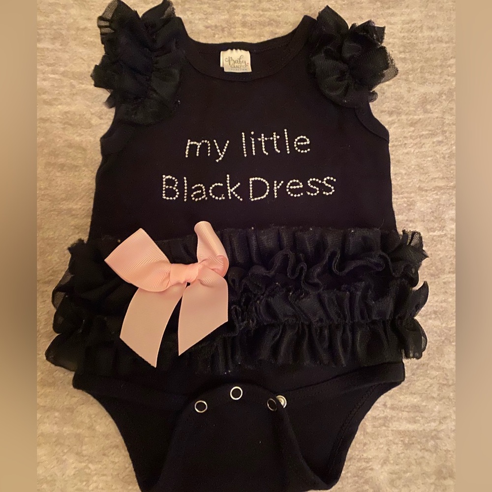 My Little Black Dress Ruffled Baby Onesie with Pink Bow